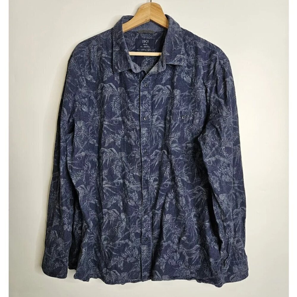 1901 Tropical Denim Look Blue Button Down Shirt Mens Size XL
